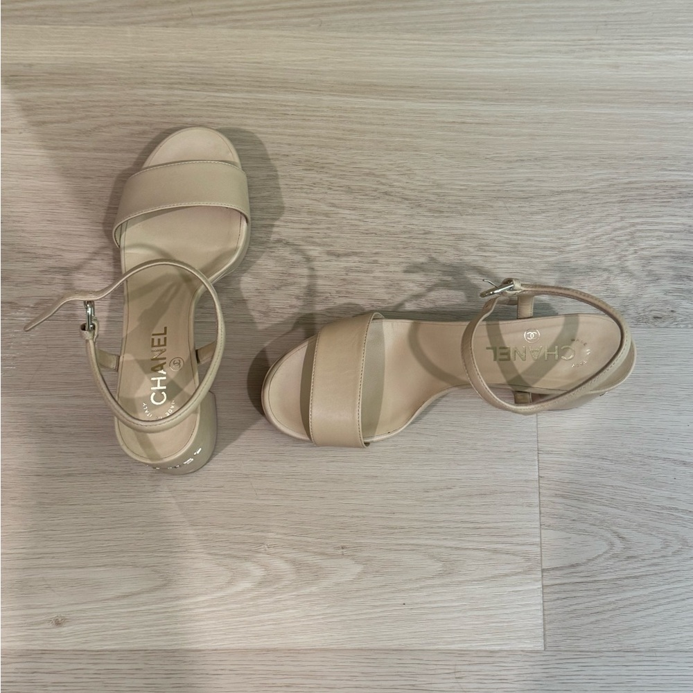 Chanel Lambskin Logo Platform Sandals Beige - Picture 3 of 3